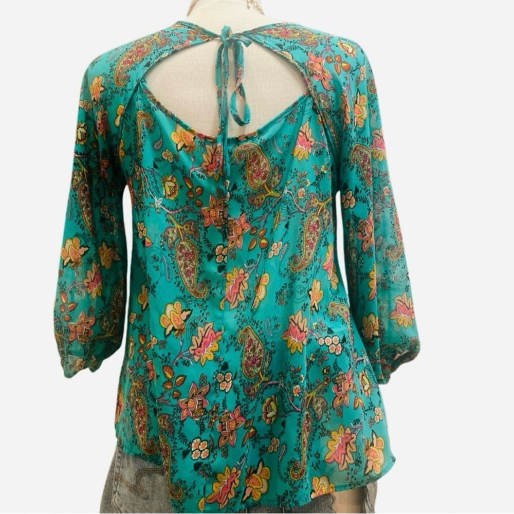 AINA BE- Teal Sheer Floral Open-Back Blouse